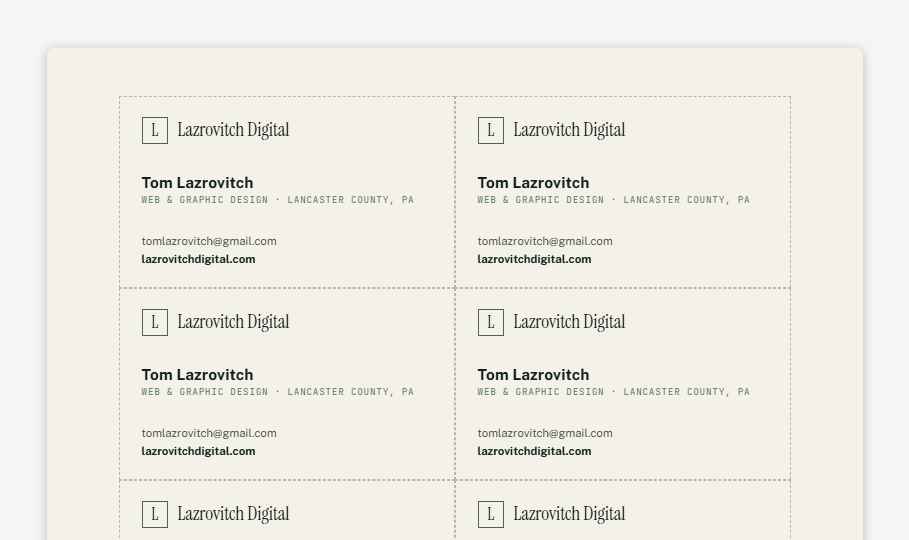 Lazrovitch Digital print kit with business cards and a one-sheet